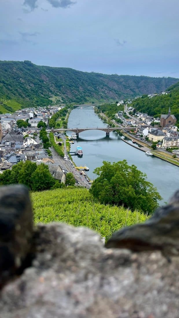 Von einer Burgmauer aus über Weinberge auf eine Stadt am Fluss mit steinerner Bogenbrücke, Ausflugsschiffen und Kirche