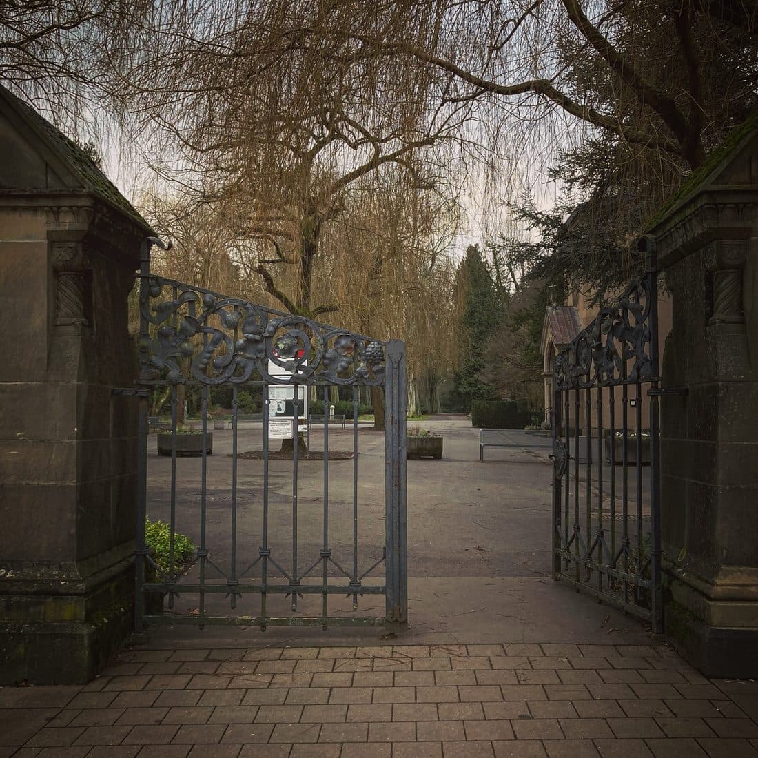Das geöffnete schmiedeeiserne Tor eines Friedhofs zwischen zwei Steinpfeilern, dahinter ein weiter Platz unter einer kahlen Trauerweide im grauen Licht