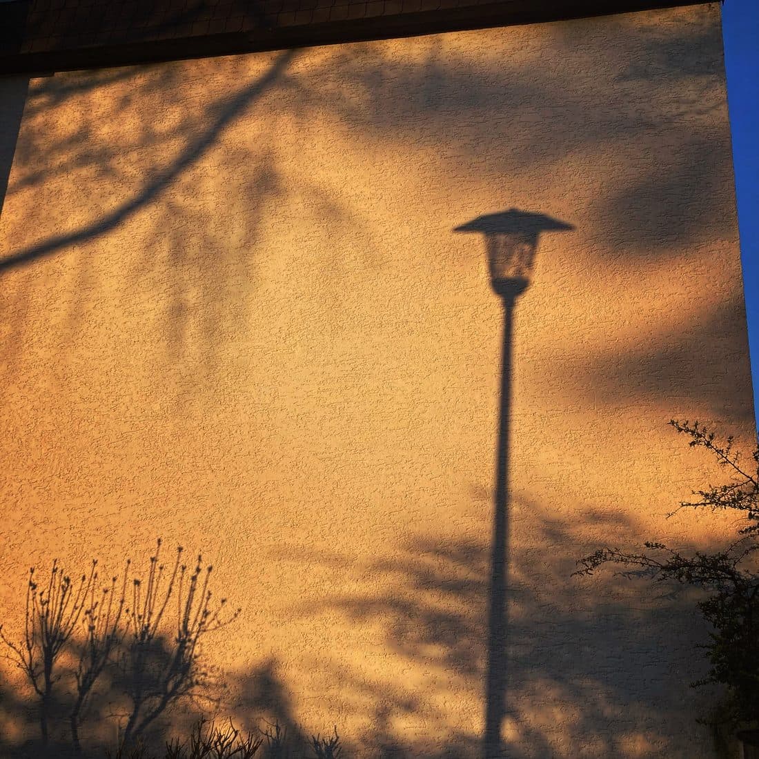 Der Schatten einer Straßenlaterne und von Zweigen auf einer orange beleuchteten Hauswand