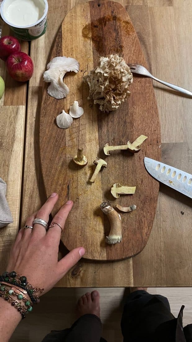 Auf einem Holzbrett liegen geputzte Wildpilze verteilt, daneben ein Messer und eine Gabel; eine Hand mit Silberringen liegt am Rand