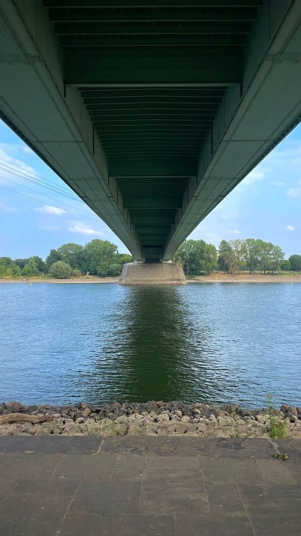 Von unten unter eine Stahlbrücke geblickt: der grüne Träger läuft in die Tiefe, darunter der Fluss, am anderen Ufer Bäume und Sandbank